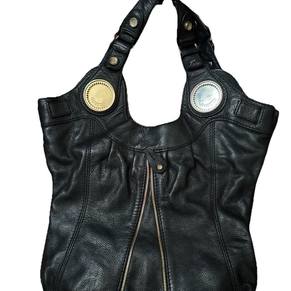 Gustto Black Leather Slouchy Hobo Tote Gold Hardware